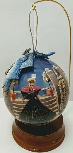 Vintage 1998 Barbie Holiday Christmas Decoupage Ornament 4" Globe Wooden Stand