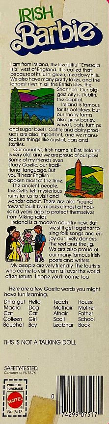 Barbie 1983 Irish Dolls of the World Box Back