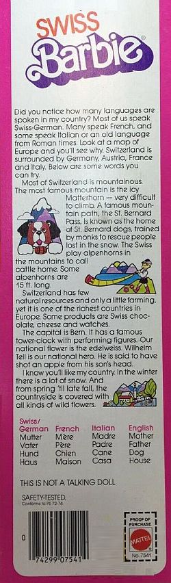 Barbie 1983 Swiss Dolls of the World Box Back